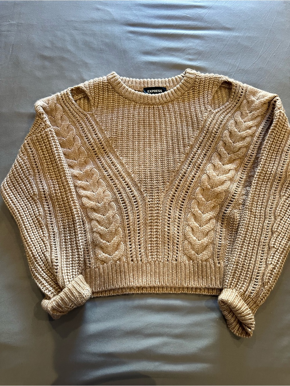 Express Cable-Knit Crewneck Sweater in Taupe Brown